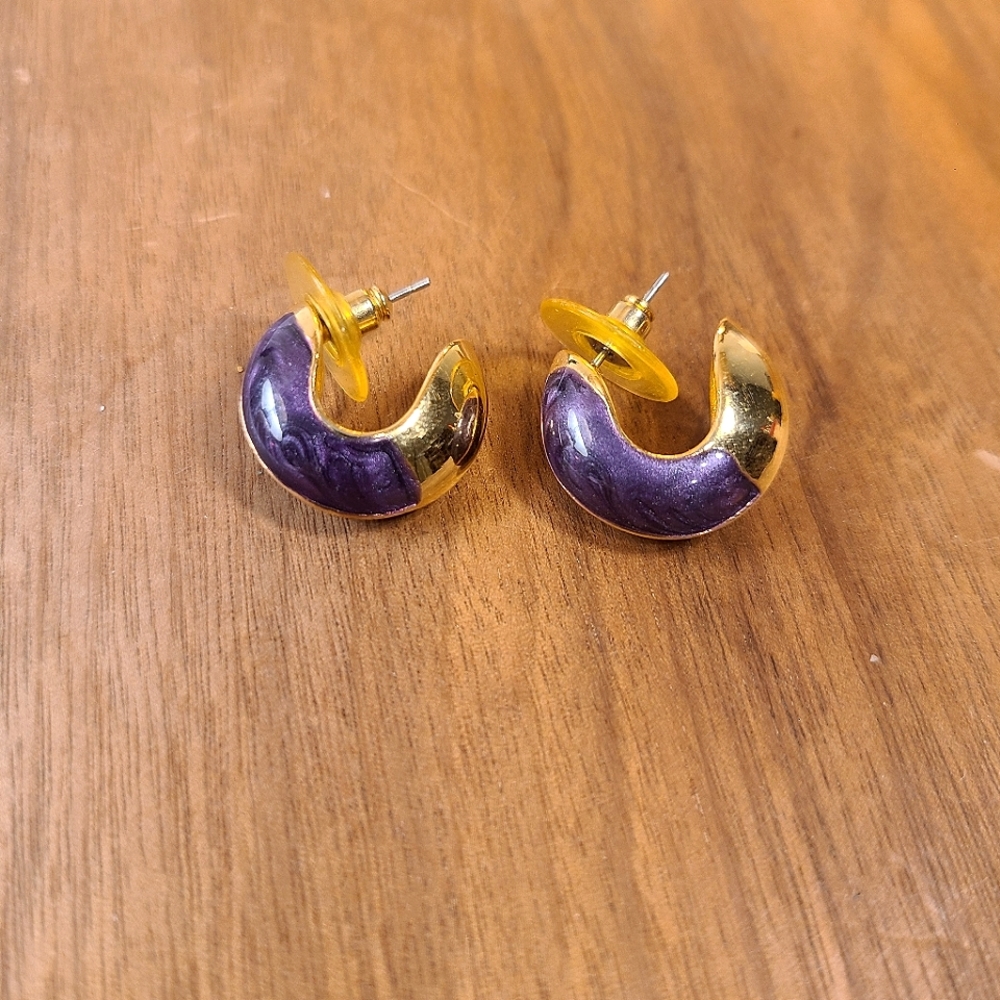 Vintage 80s 90s Mini Open Hoop Earrings Gold Colored Purple Enamel